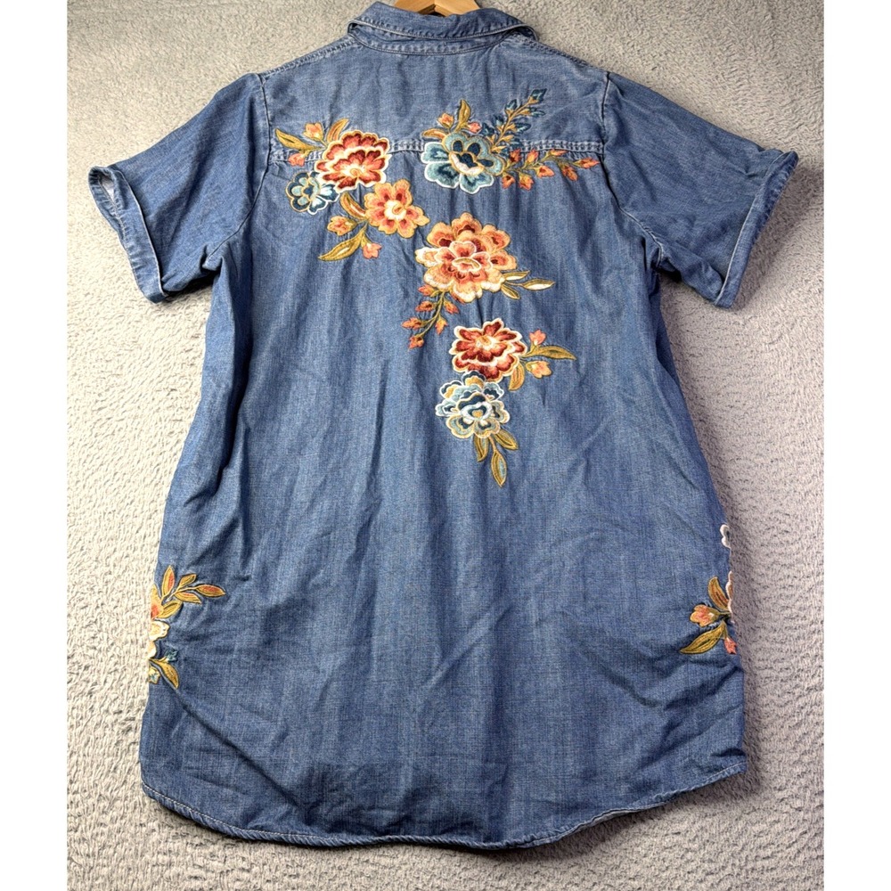 Driftwood Dress Womens 1X Floral Embroidered Blue Lyocell Short Sleeve Pockets